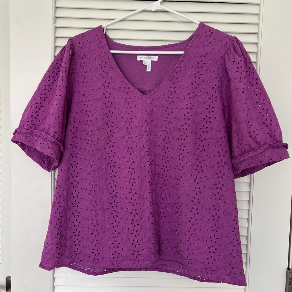 Draper James Purple Eyelet V-Neck Blouse